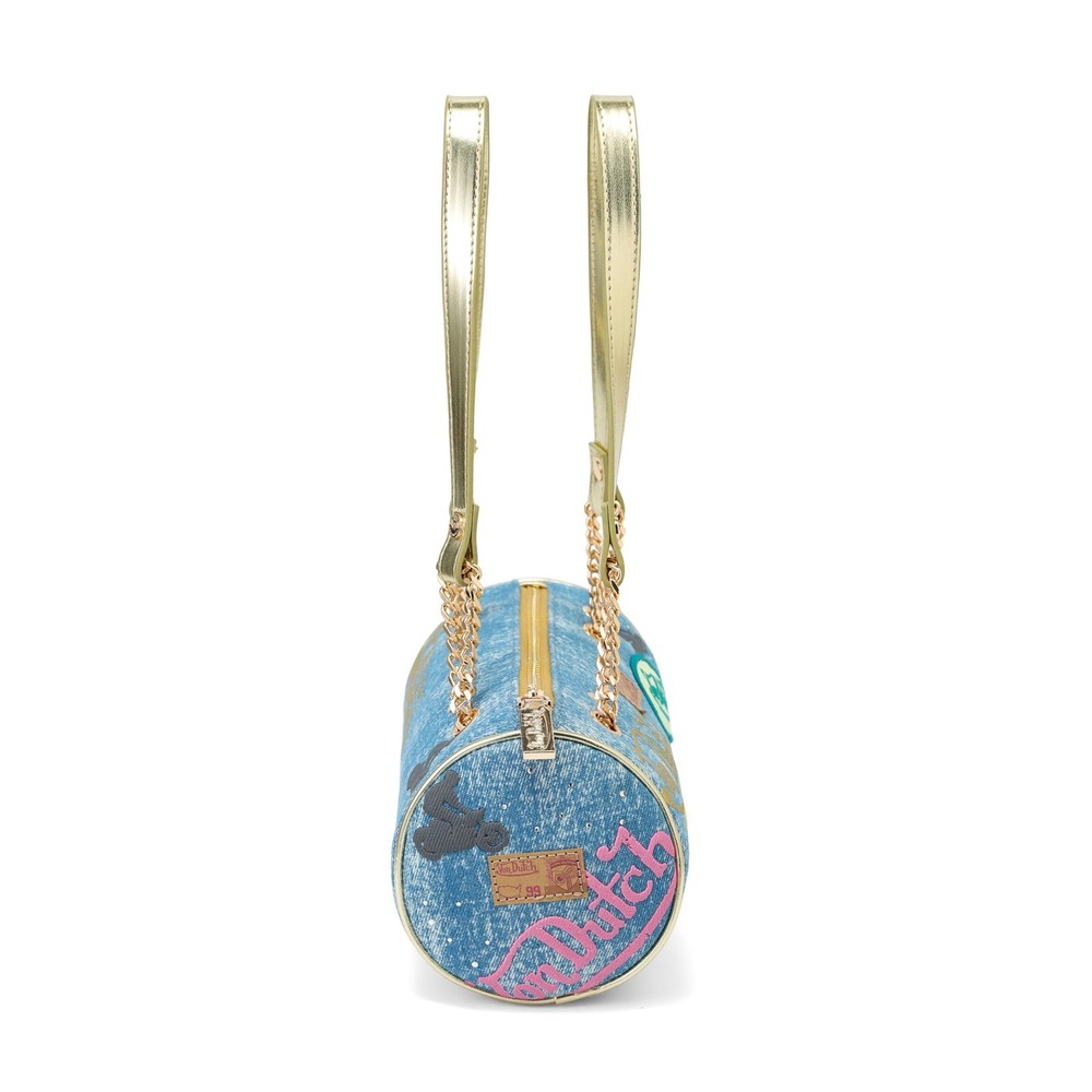 Von Dutch Denim Barrel Bag Y2K Blue Multi Logo Patch Gold Chain Strap Small - Picture 7 of 9